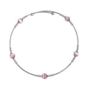Pink Cat’s Eye Memory Wire Bracelet | Vintage Sterling Silver | 7.5” Adjustable